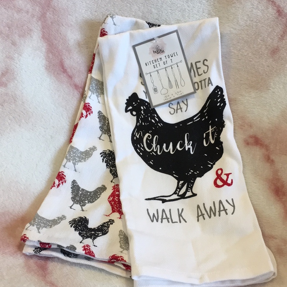 Chickens Cluck it & walk away Dish Towel Duo Set of 2 Cotton NWT 18”x28”